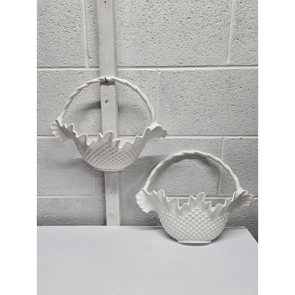 Burwood Plastic Hobnail Milk Glass Style Hanging Wall Pocket Basket, 1984 Pair